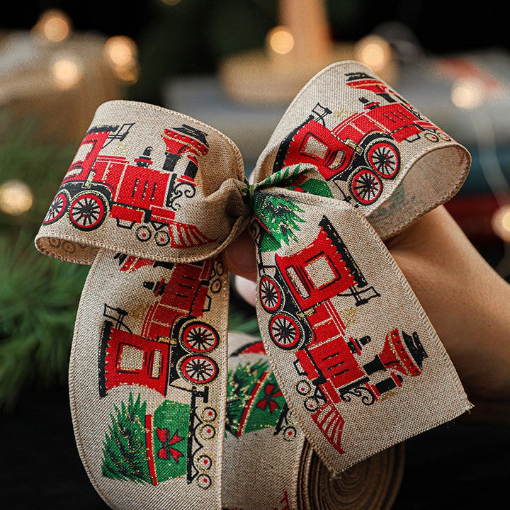 Panglica de Craciun pentru Decor Brad, Flippy, Panglica Decorativa de Craciun pentru Funde, Imprimeu Trenulet, 200 x 6.3 m, Khaki - vivimall.ro