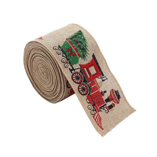 Panglica de Craciun pentru Decor Brad, Flippy, Panglica Decorativa de Craciun pentru Funde, Imprimeu Trenulet, 200 x 6.3 m, Khaki - vivimall.ro