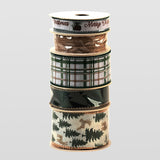 Panglica Decorativa cu Tematica de Craciun, Flippy, Set din 4 bucat + 1 Rulon Ata Maro, Panglica pentru Cadou de Craciun Brad si Decor, 2 M per bucata, Model Brad, Alb Verde - vivimall.ro