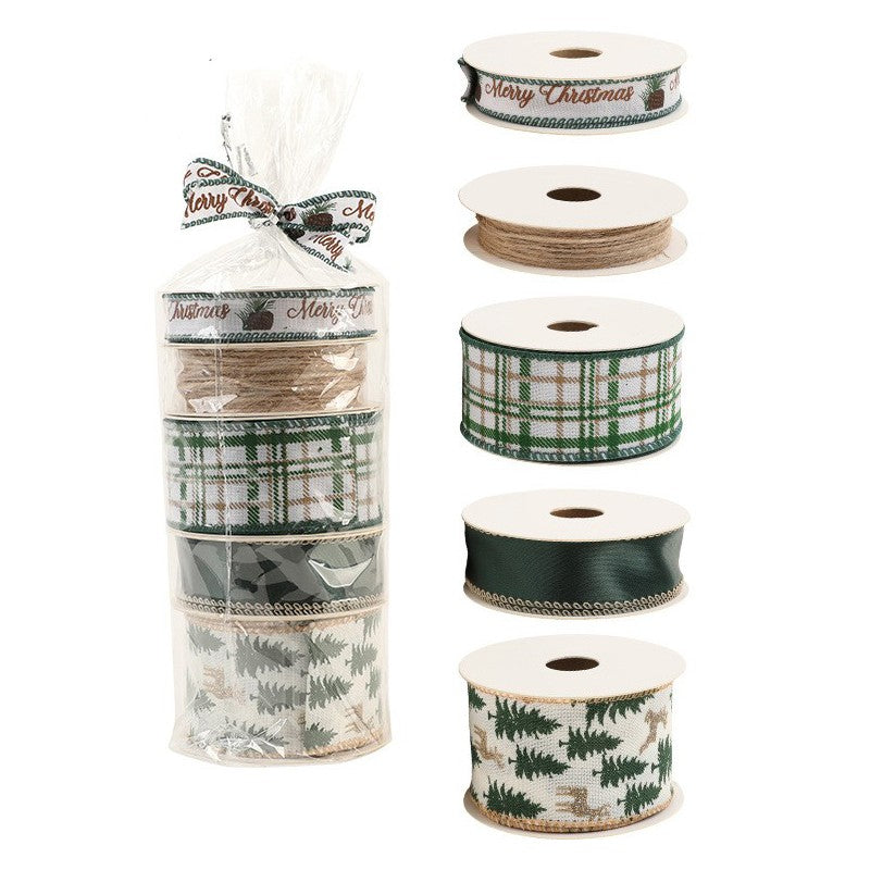 Panglica Decorativa cu Tematica de Craciun, Flippy, Set din 4 bucat + 1 Rulon Ata Maro, Panglica pentru Cadou de Craciun Brad si Decor, 2 M per bucata, Model Brad, Alb Verde - vivimall.ro