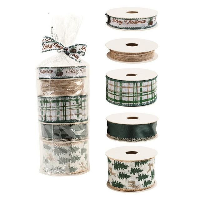 Panglica Decorativa cu Tematica de Craciun, Flippy, Set din 4 bucat + 1 Rulon Ata Maro, Panglica pentru Cadou de Craciun Brad si Decor, 2 M per bucata, Model Brad, Alb Verde - vivimall.ro