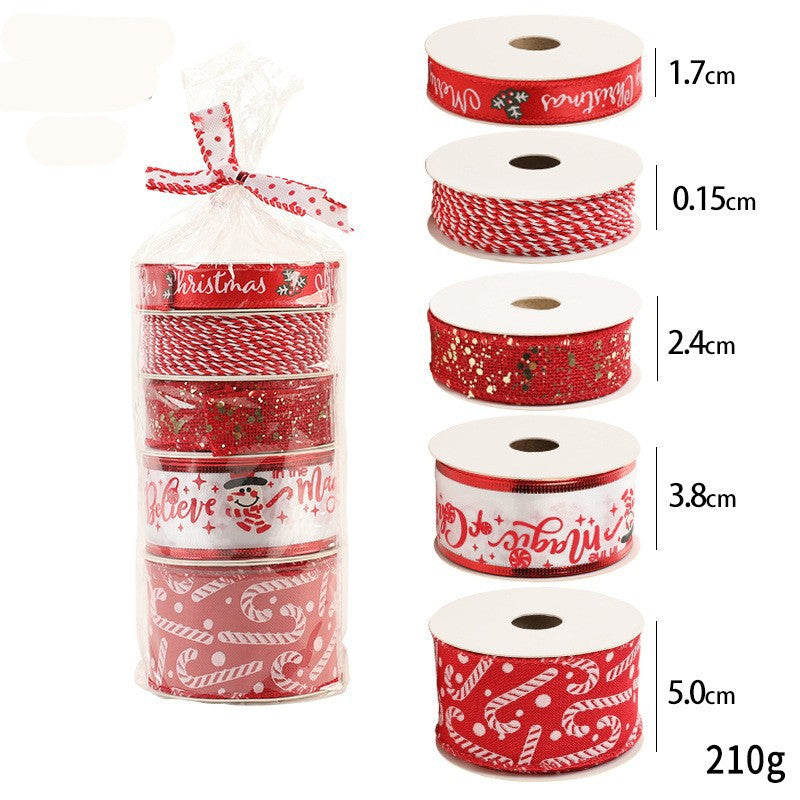 Panglica Decorativa cu Tematica de Craciun, Flippy, Set din 4 bucat + 1 Rulon Ata Rosie Alba, Panglica pentru Cadou de Craciun Brad si Decor, 2 M per bucata, Model Acadele, Rosu - vivimall.ro