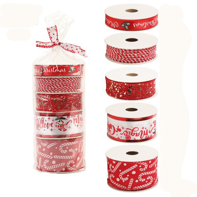 Panglica Decorativa cu Tematica de Craciun, Flippy, Set din 4 bucat + 1 Rulon Ata Rosie Alba, Panglica pentru Cadou de Craciun Brad si Decor, 2 M per bucata, Model Acadele, Rosu - vivimall.ro