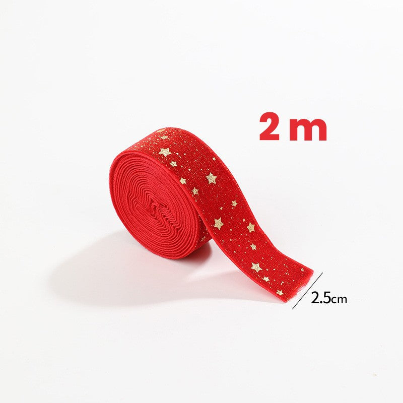 Panglica Decorativa de Craciun, Flippy, Panglica din Panza cu aspec de Catifea, Funda Ornament, Model cu Stele Aurii, Decor pentru Brad de Craciun, 200 x 2.5 cm, Rosu - vivimall.ro