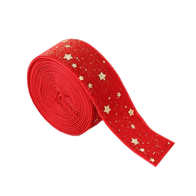 Panglica Decorativa de Craciun, Flippy, Panglica din Panza cu aspec de Catifea, Funda Ornament, Model cu Stele Aurii, Decor pentru Brad de Craciun, 200 x 2.5 cm, Rosu - vivimall.ro