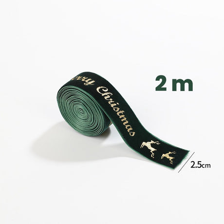 Panglica Decorativa de Craciun, Flippy, Panglica din Panza cu aspec de Catifea, Funda Ornament, Model Merry Christmas si Cerbi Aurii, Decor pentru Brad de Craciun, 200 x 2.5 cm, Verde - vivimall.ro