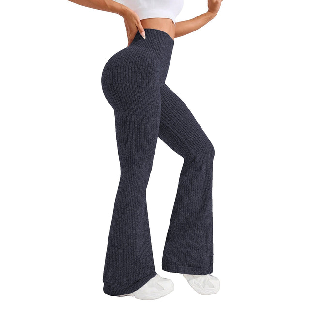 Pantaloni sport damă Vivimall talie înaltă evazați albastru marin, vedere frontală, mărime S