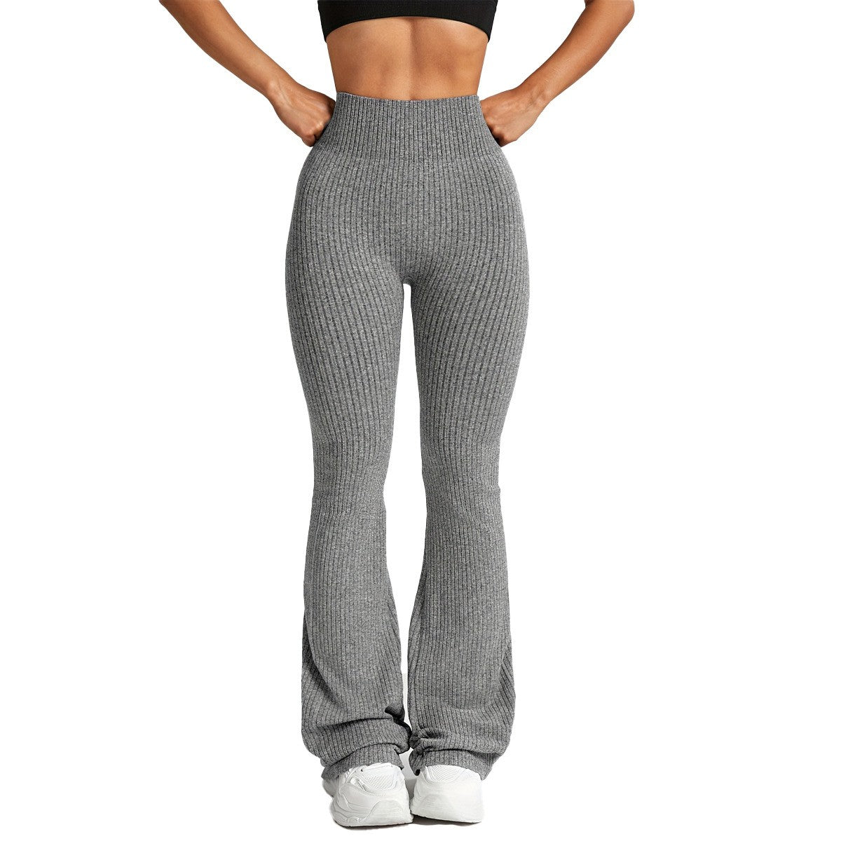 Pantaloni Sport de Dama, Vivimall, pentru Yoga, Talie Inalta, Evazati, Tricotati, Gri Deschis, Marime L - vivimall.ro