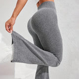 Pantaloni yoga damă evazați Vivimall, talie înaltă fără cusături, vedere laterală, culoare gri