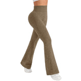 Pantaloni tricotați damă Vivimall, talie înaltă evazați khaki, vedere frontală, mărime S