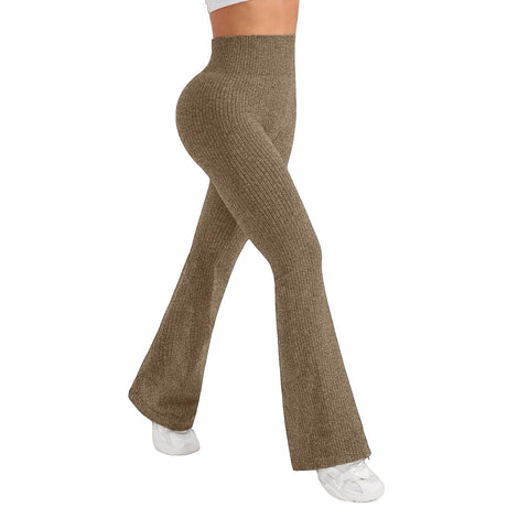 Pantaloni tricotați damă Vivimall, talie înaltă evazați khaki, vedere frontală, mărime S