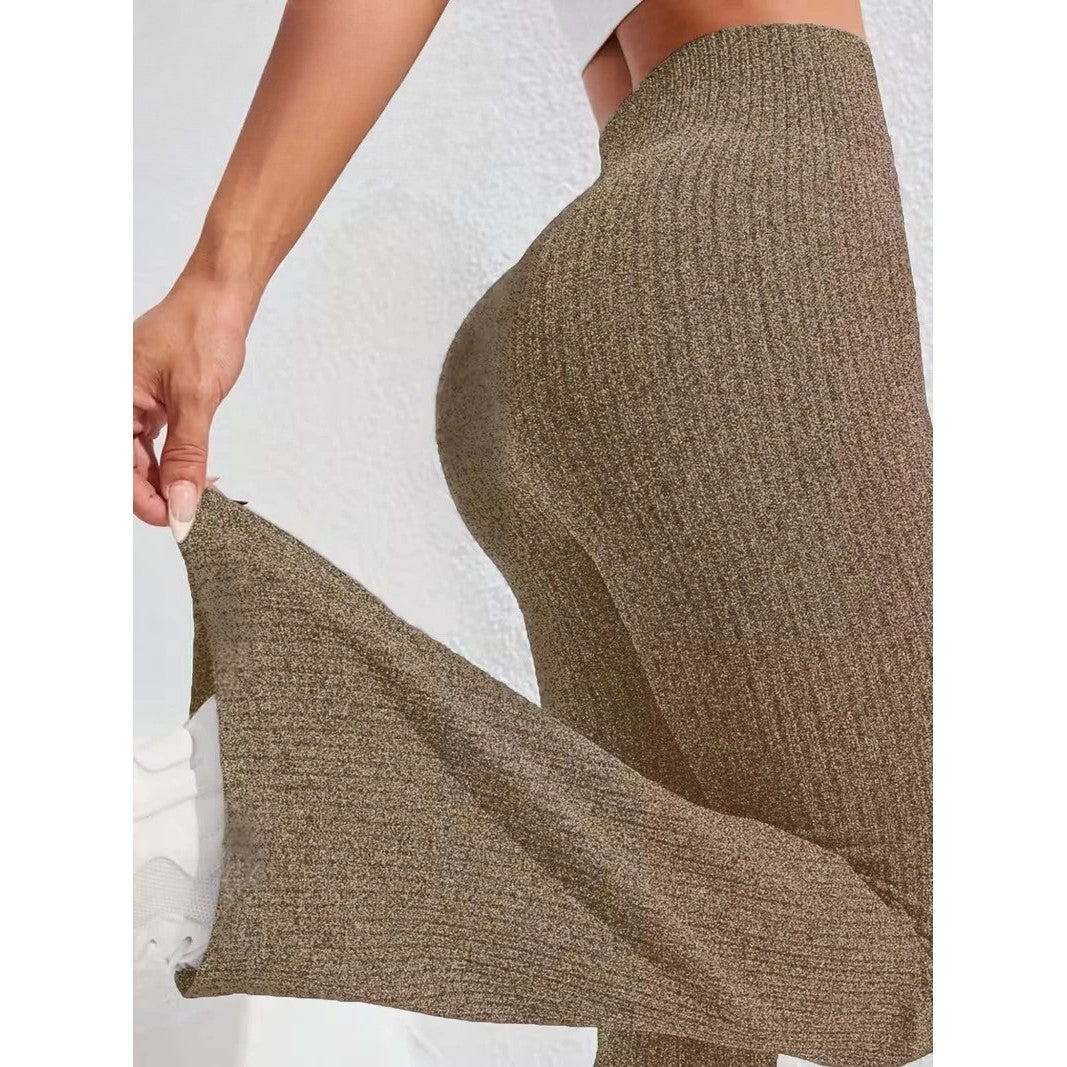 Pantaloni sport damă Vivimall evazați khaki, vedere laterală, utilizare yoga și fitness