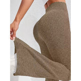 Pantaloni sport damă Vivimall evazați khaki, vedere laterală, utilizare yoga și fitness