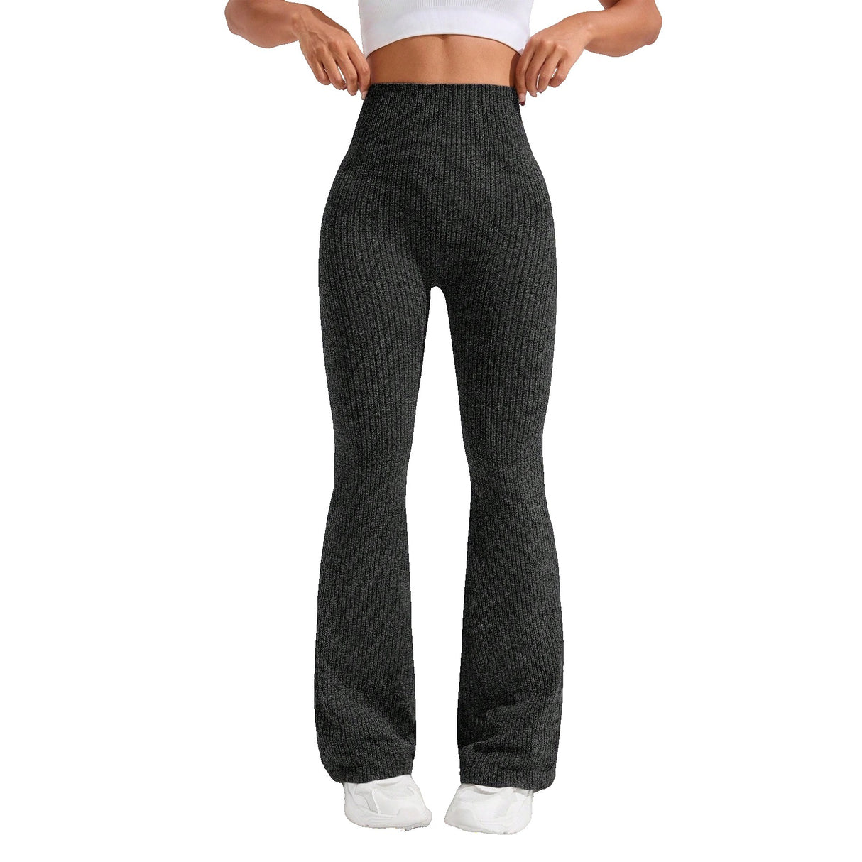 Pantaloni talie înaltă evazați tricotați pentru yoga, culoare neagră, mărime XL, vedere frontală