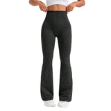 Pantaloni talie înaltă evazați tricotați pentru yoga, culoare neagră, mărime XL, vedere frontală