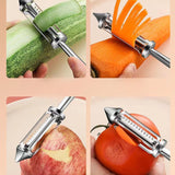 Peeler 2in1 pentru Legume si Fructe, Vivimall, Multifunctional, cu 2 Lame de Curatati si Feliat, Varf Ascutit pentru Gaurit, 18 cm, din Otel Inoxidabil, Argintiu/Negru - vivimall.ro
