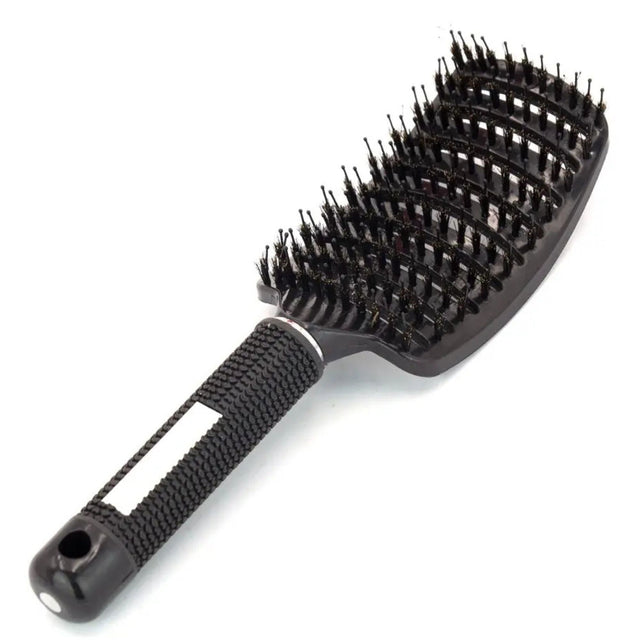Perie de păr curbată Flippy cu peri de mistreț și nylon, vedere frontală, culoare negru, 24.5 cm