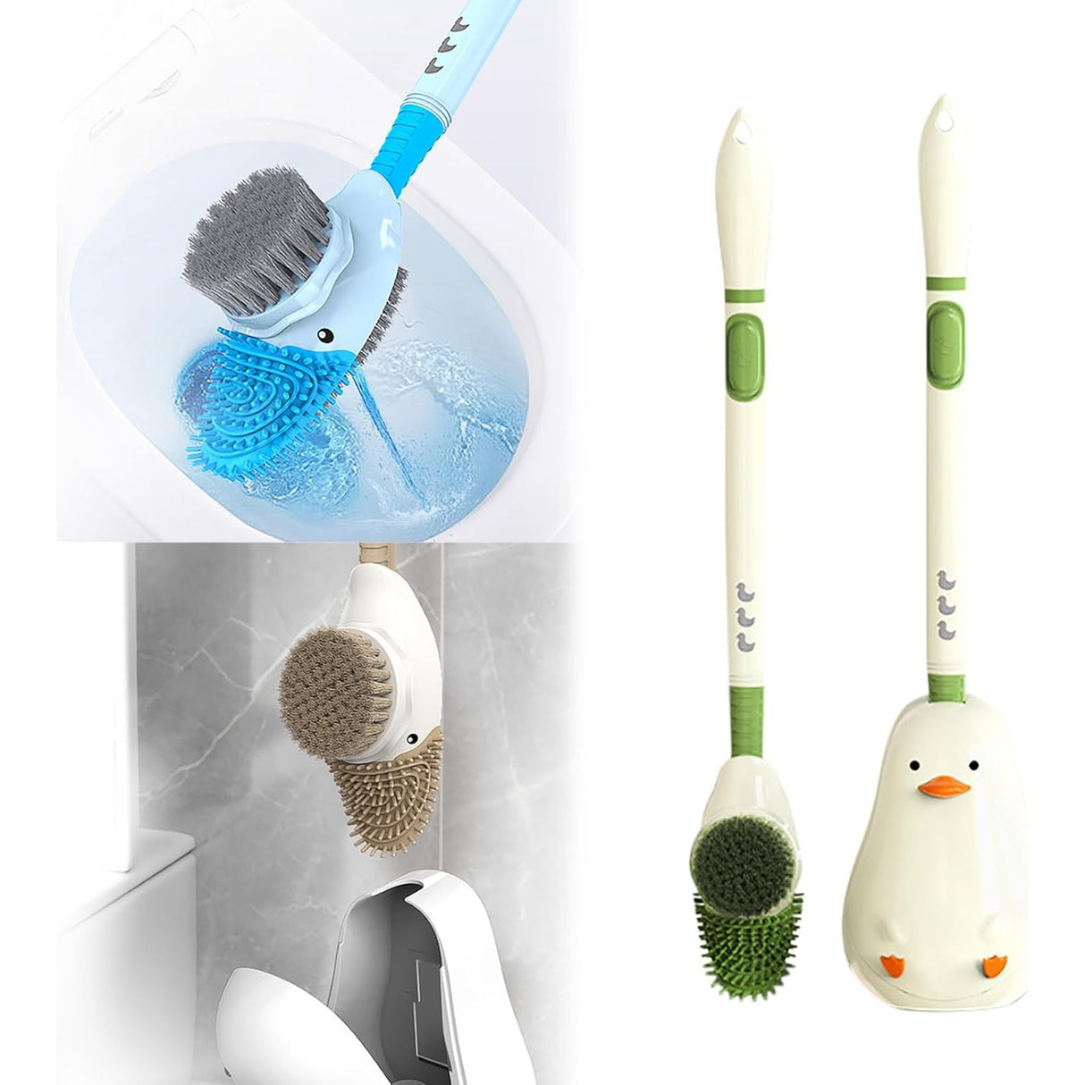 Perie de Toaleta, Flippy, cu Suport de Perete, Recipient Detergent, 2 Tipuri de Perii, Model Rata, Verde