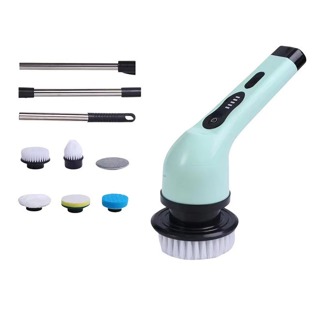 Perie Electrica de Curatare, Vivimall, pentru Gresie, Baie, Bucatarie, 25x20x9.5 cm, cu 6 Capete, Maner Extensibil Detasabil 84-127cm, Incarcare USB-Type C, Rotire 360 de Grade, 3000 mAh, Culoare: Verde - vivimall.ro