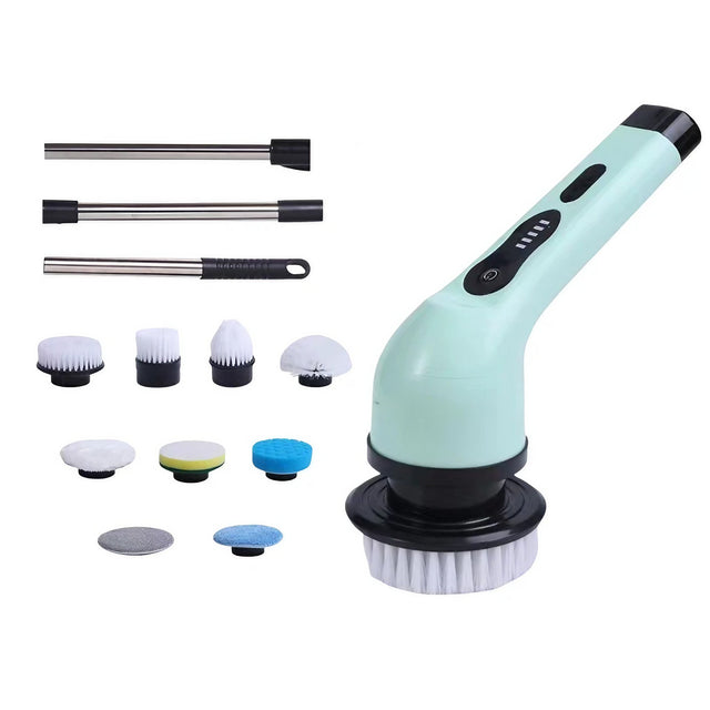 Perie Electrica de Curatare, Vivimall, pentru Gresie, Baie, Bucatarie, 25x20x9.5 cm, cu 9 Capete, Maner Extensibil Detasabil 84-127cm, Incarcare USB-Type C, Rotire 360 de Grade, 3000 mAh, Culoare: Verde - vivimall.ro
