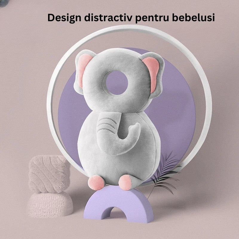 Perna tip Rucsac pentru Protectia Capului, Vivimall, Tetiera tip Elefant de Plus, pentru Bebelusi, 33x6x19 cm, 180 g, Gri - vivimall.ro