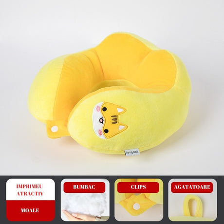 Perna de Calatorie, Vivimall, Pentru Gat si Cap, Umplutura din Bumbac, 28x28x10 cm, cu Model Brodat Pisica, Galben - vivimall.ro