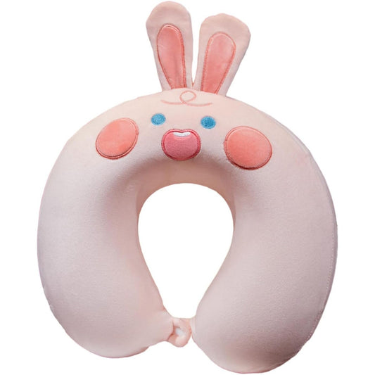 Perna de Calatorie in Forma de U, Vivimall, Pentru Gat si Cap, Umplutura din Spuma cu Memorie, 30x30 cm, Model Iepuras, Accesoriu de Voiaj, Birou, Masina, Sistem Prindere Capse, Roz - vivimall.ro
