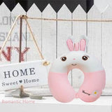 Perna de Calatorie in Forma de U, Vivimall, Pentru Gat si Cap, Umplutura din Spuma cu Memorie, 30x30 cm, Model Iepuras, Accesoriu de Voiaj, Birou, Masina, Sistem Prindere Capse, Roz-Alb - vivimall.ro