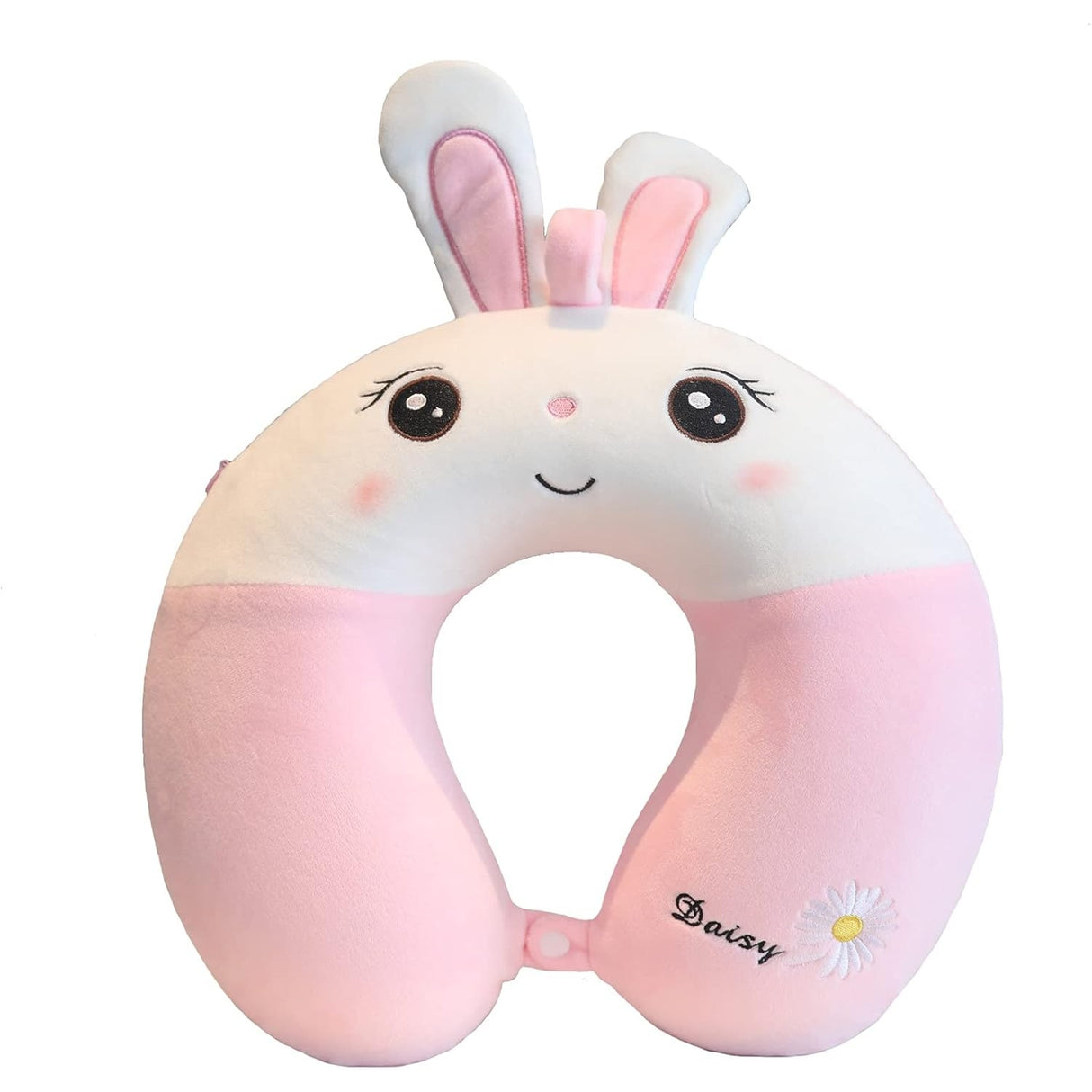 Perna de Calatorie in Forma de U, Vivimall, Pentru Gat si Cap, Umplutura din Spuma cu Memorie, 30x30 cm, Model Iepuras, Accesoriu de Voiaj, Birou, Masina, Sistem Prindere Capse, Roz-Alb - vivimall.ro