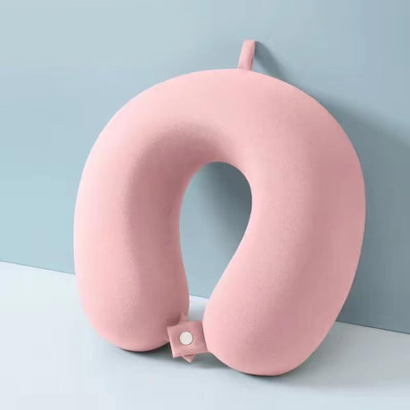 Perna de Calatorie in Forma de U, Vivimall, Pentru Gat si Cap, Umplutura din Spuma cu Memorie, 30x30 cm, Sistem Prindere Capse, Cutie de Depozitare, Roz - vivimall.ro