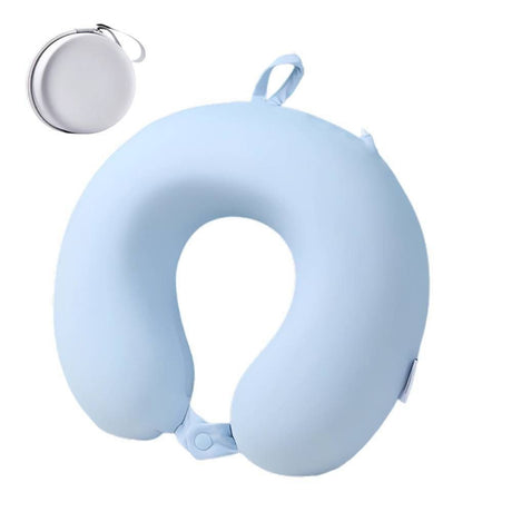 Perna de Calatorie in Forma de U, Vivimall, Pentru Gat si Cap, Umplutura din Spuma cu Memorie, 30x30 cm, Sistem Prindere Capse, Cutie de Depozitare, Bleu - vivimall.ro