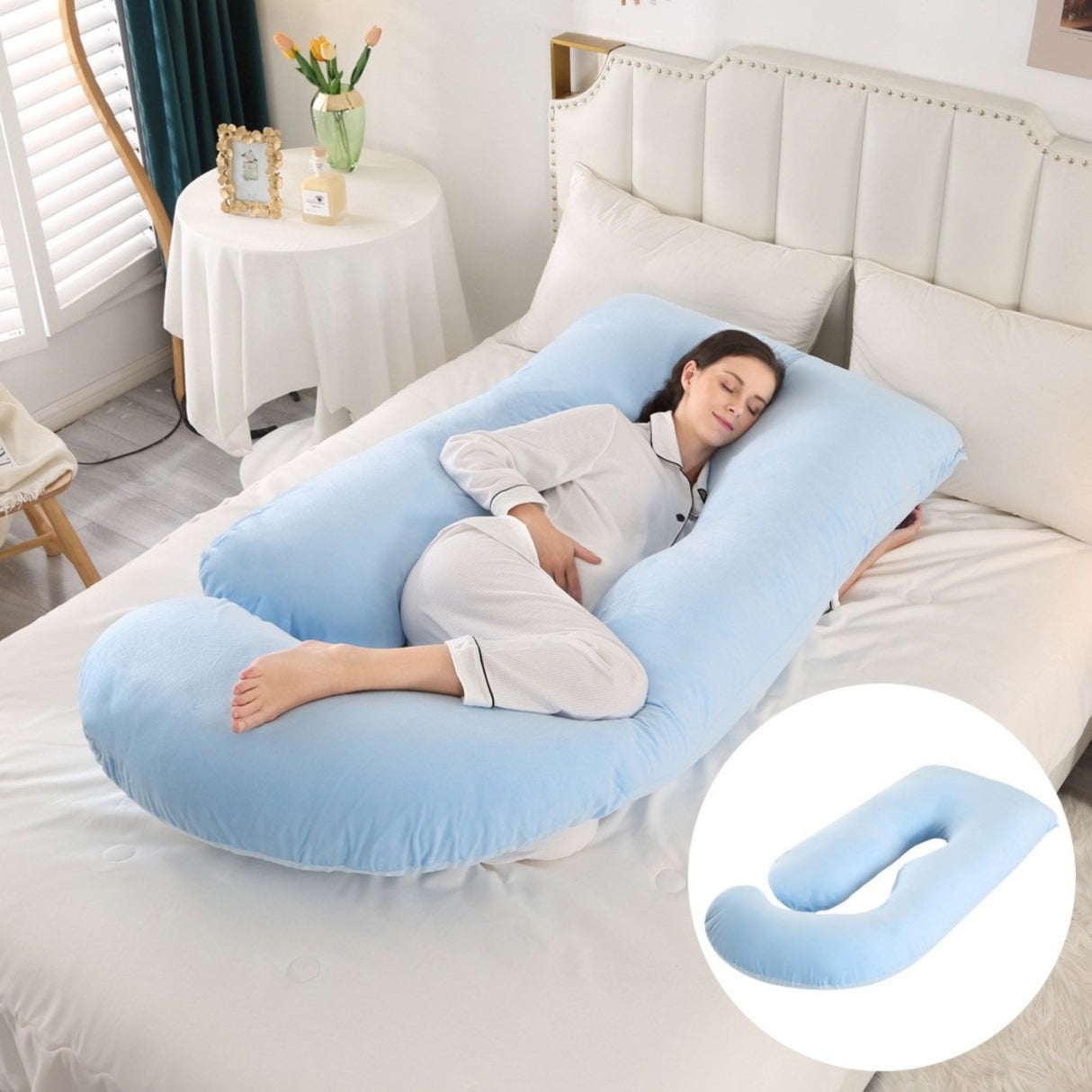 Detaliu husă detașabilă și lavabilă pernă gravide Flippy ergonomică tip J, material textil moale albastru deschis