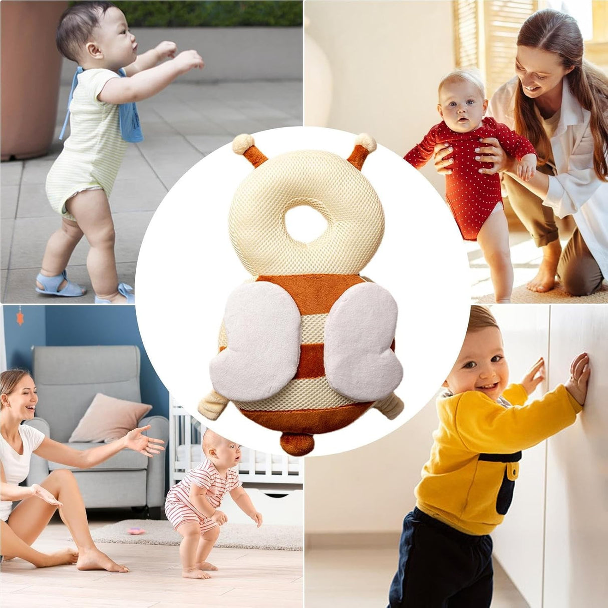 Perna tip Rucsac pentru Protectia Capului, Vivimall, Tetiera tip Albina, pentru Bebelusi, Design tip Plasa, 33x6x19 cm, 180 g, Maro/Bej - vivimall.ro