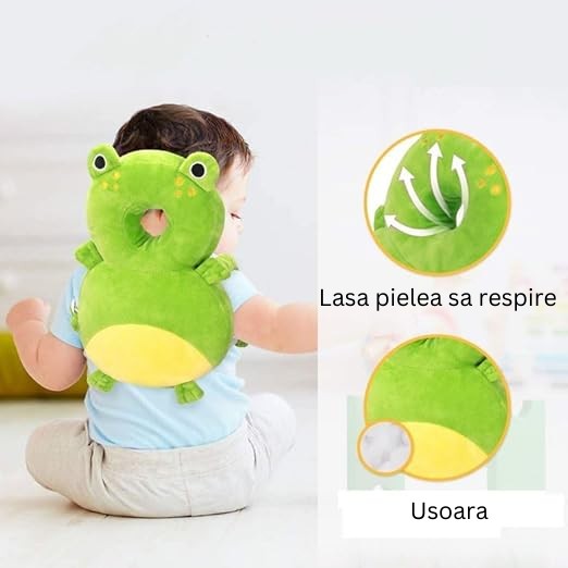 Perna tip Rucsac pentru Protectia Capului, Vivimall, Tetiera tip Broscuta, pentru Bebelusi, 33x6x19 cm, 180 g, Verde - vivimall.ro