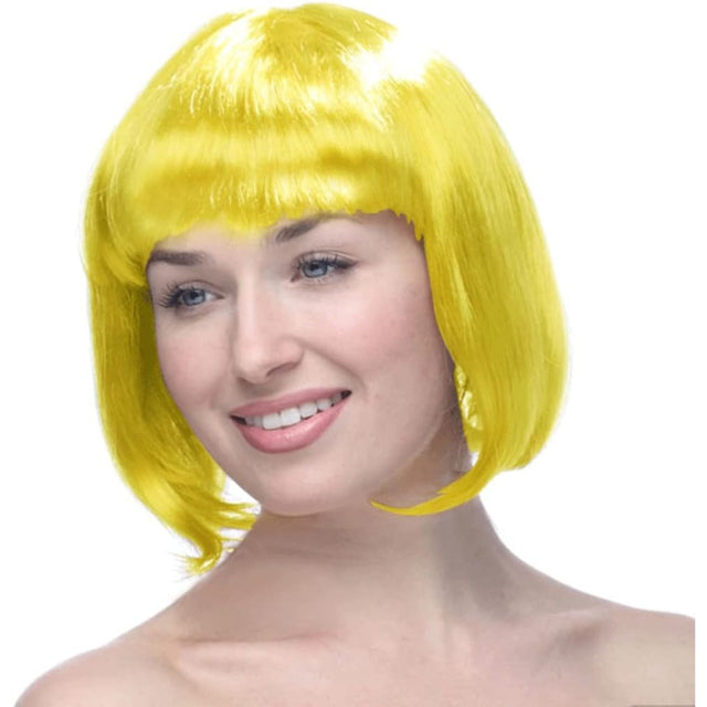 Peruca Cosplay, Vivimall, Tunsoare Bob cu Breton, pentru Carnaval, Halloween, Petreceri Tematice, din PET, Marime Universala, Galben - vivimall.ro
