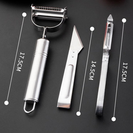 Accesorii de Curatat Decojit Fructe Legume, Vivimall, Set 3 Piese, Feliator Cutit Decojitor, Legume si Fructe, din Otel Inoxidabil, cu Maner, Argintiu - vivimall.ro