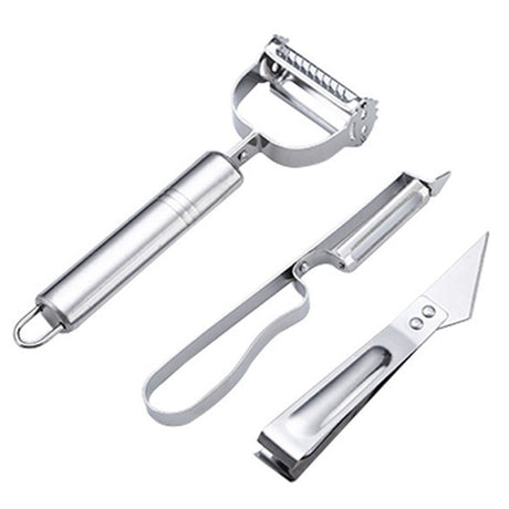 Accesorii de Curatat Decojit Fructe Legume, Vivimall, Set 3 Piese, Feliator Cutit Decojitor, Legume si Fructe, din Otel Inoxidabil, cu Maner, Argintiu - vivimall.ro