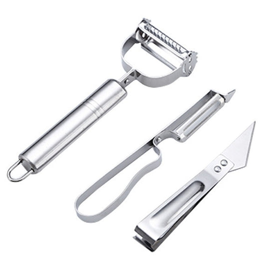 Accesorii de Curatat Decojit Fructe Legume, Vivimall, Set 3 Piese, Feliator Cutit Decojitor, Legume si Fructe, din Otel Inoxidabil, cu Maner, Argintiu - vivimall.ro