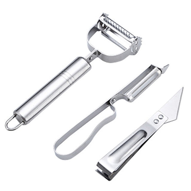 Accesorii de Curatat Decojit Fructe Legume, Vivimall, Set 3 Piese, Feliator Cutit Decojitor, Legume si Fructe, din Otel Inoxidabil, cu Maner, Argintiu - vivimall.ro