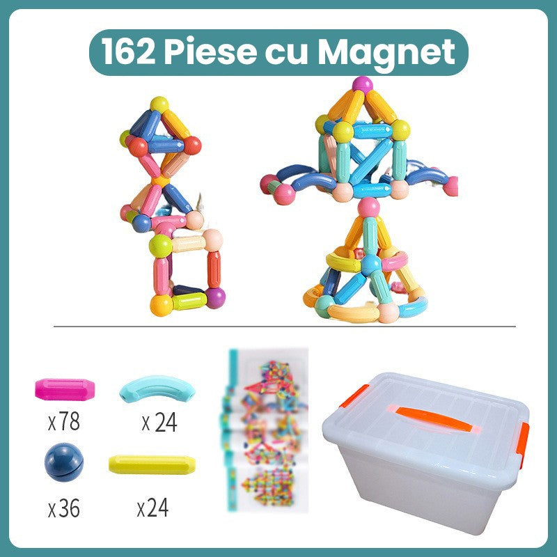 Detaliu piese magnetice Flippy multicolor îmbinate în structuri 3D, constructor educativ pentru copii