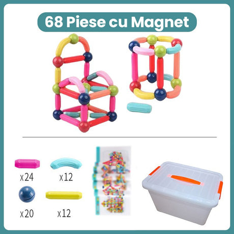 Detaliu piese magnetice Flippy colorate, forme geometrice îmbinate în structuri 3D, jucărie educativă STEM