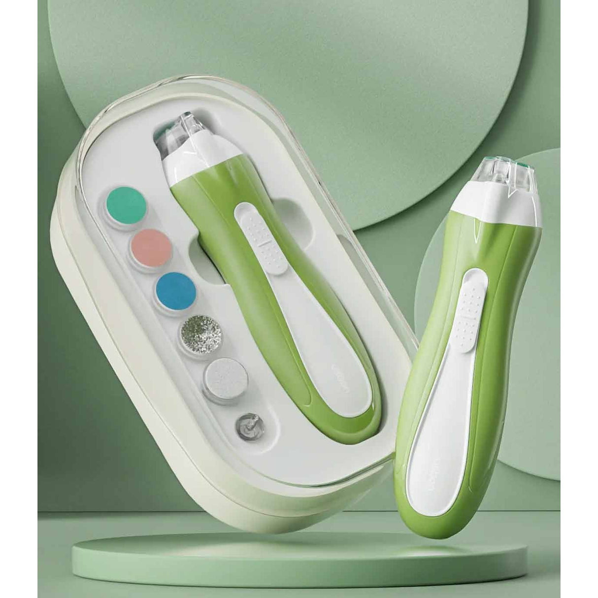 Pila Electrica, Vivimall, pentru Copii si Bebelusi, din ABS, 6 Accesorii, cu Lumina LED, 9.5 x 6 x 17 cm, Verde - vivimall.ro