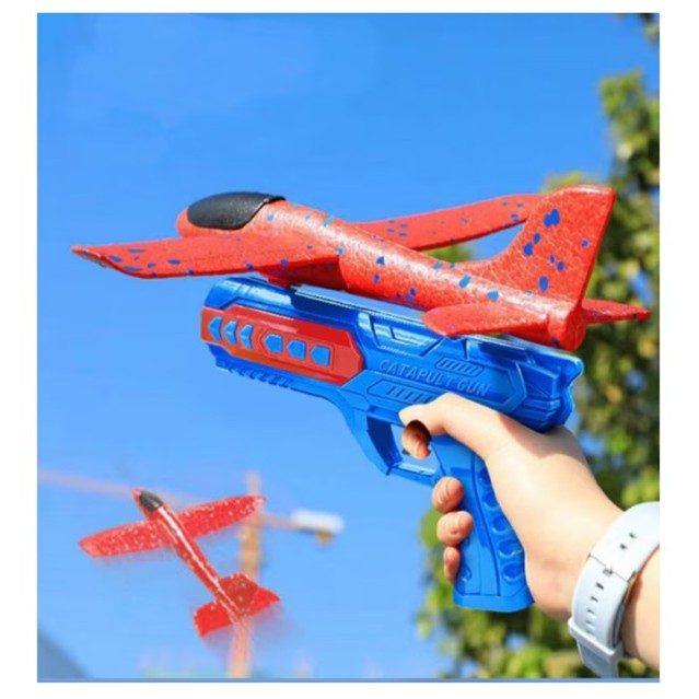 Pistol cu Lansator de Avion, Vivimall, din Polistiren+Plastic, +3 Ani, Avion 24 cm, Lansare 10 m, cu Lumini, Albastru/Rosu - vivimall.ro