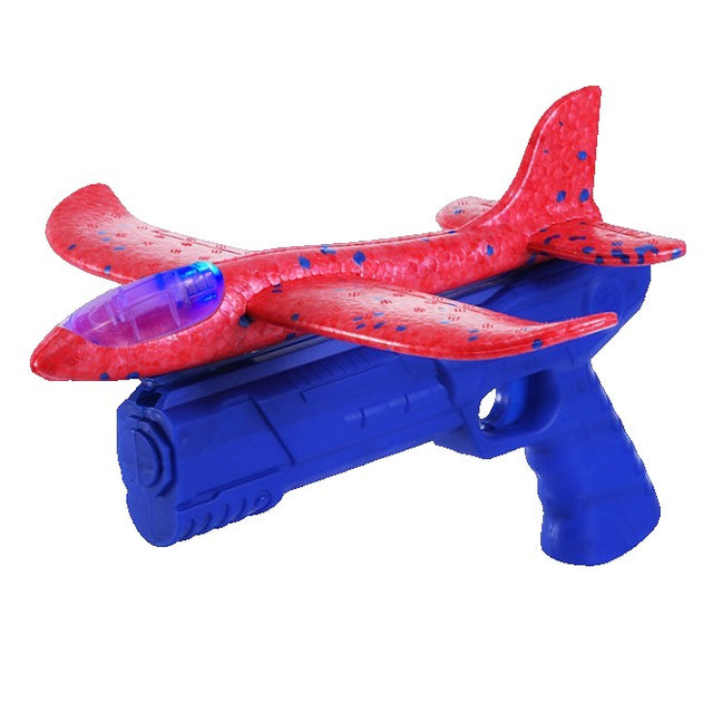 Pistol cu Lansator de Avion, Vivimall, din Polistiren+Plastic, +3 Ani, Avion 24 cm, Lansare 10 m, cu Lumini, Albastru/Rosu - vivimall.ro