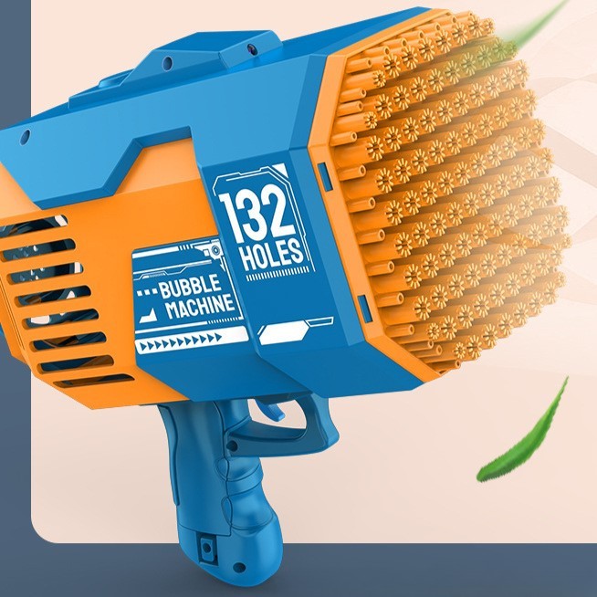 Pistol pentru Baloane de Sapun, Vivimall, 132 de Gauri, Lumini Colorate, Tavita, Lichid, Baterie de Li, Cablu de Incarcare, 25cm x 13cm x 26cm, Albastru - vivimall.ro