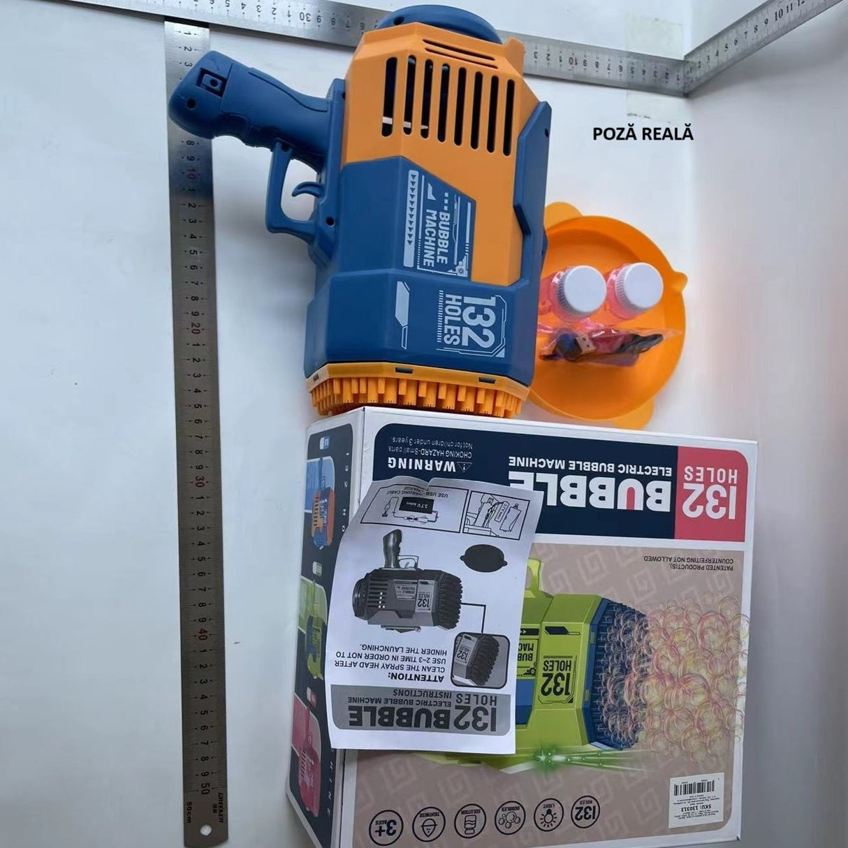 Pistol pentru Baloane de Sapun, Vivimall, 132 de Gauri, Lumini Colorate, Tavita, Lichid, Baterie de Li, Cablu de Incarcare, 25cm x 13cm x 26cm, Albastru - vivimall.ro