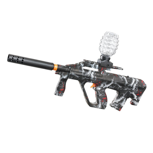 Mitraliera de jucarie electrica Vivimall cu bile de hidrogen de gel, gun bluster, tragere in rafala, varsta peste 6 ani, ochelari de protectie, 5000 de bile incluse, cablu de incarcare, 28x31 cm, AUG, negru/gri - vivimall.ro