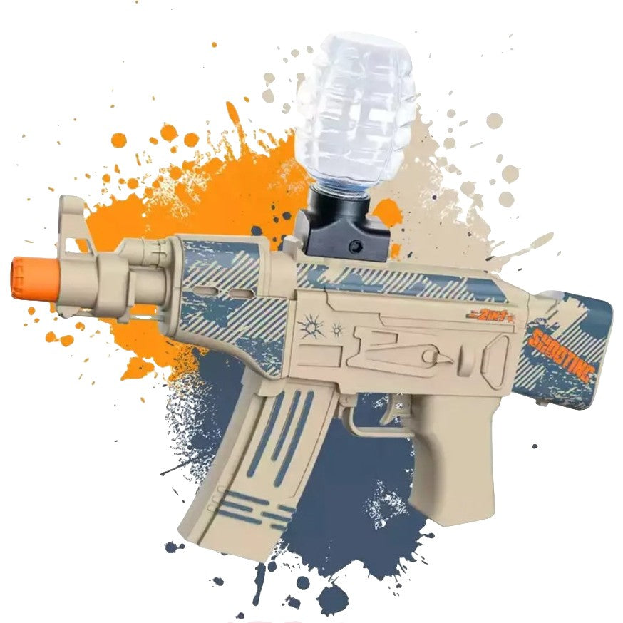 Mitraliera de jucarie electrica Vivimall cu bile de hidrogen de gel, gun bluster, tragere in rafala, varsta peste 6 ani, ochelari de protectie,  5000 de bile incluse, cablu de incarcare, 28x31 cm, AK47, crem - vivimall.ro