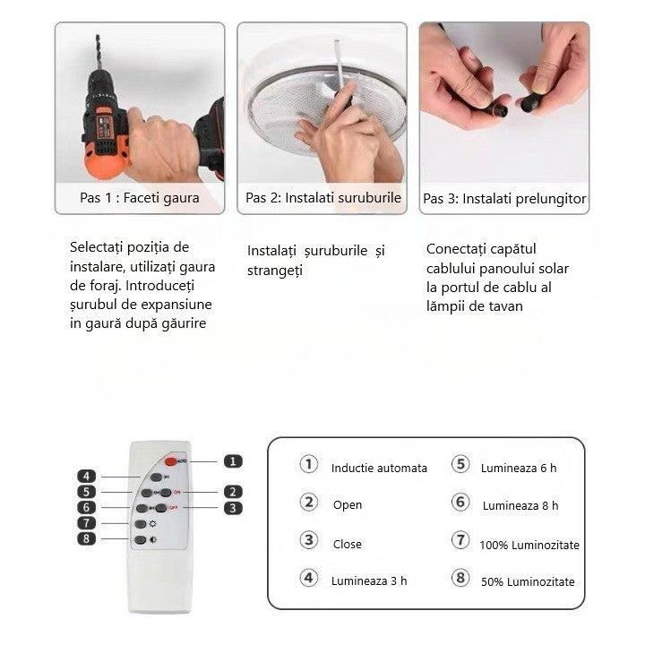 Plafoniera solara Vivimall, 200 W, diametru 320 MM, cu telecomanda, Lungime prelungitor: 4.6 m, alb rece - vivimall.ro