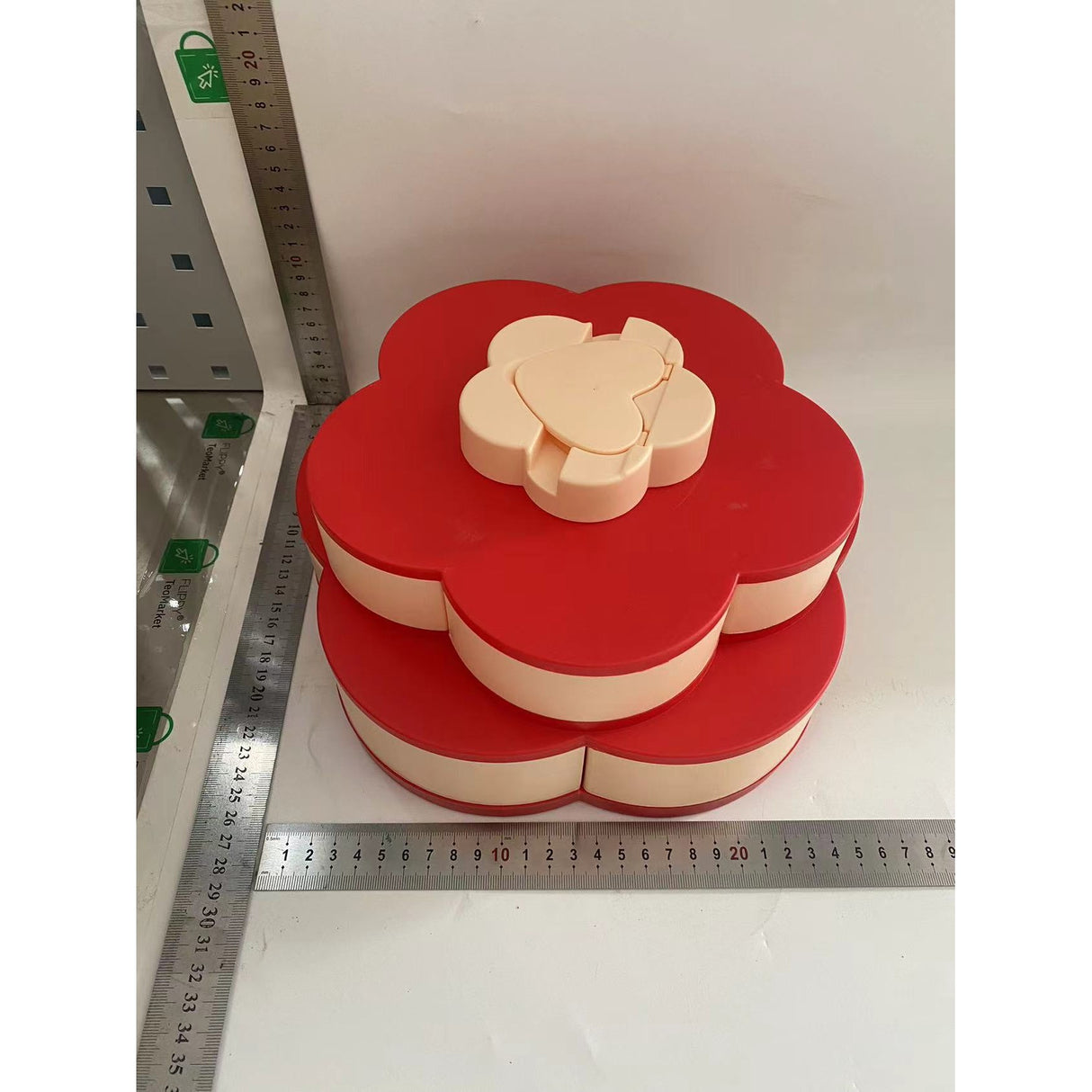 Tava pentru Servire, Vivimall, pentru Fructe / Legume / Snackuri, cu Sertare, Deschidere Rotativa, pe 2 Straturi, in Forma de Floare, 26 x 26 x 11.5 cm Roz - vivimall.ro